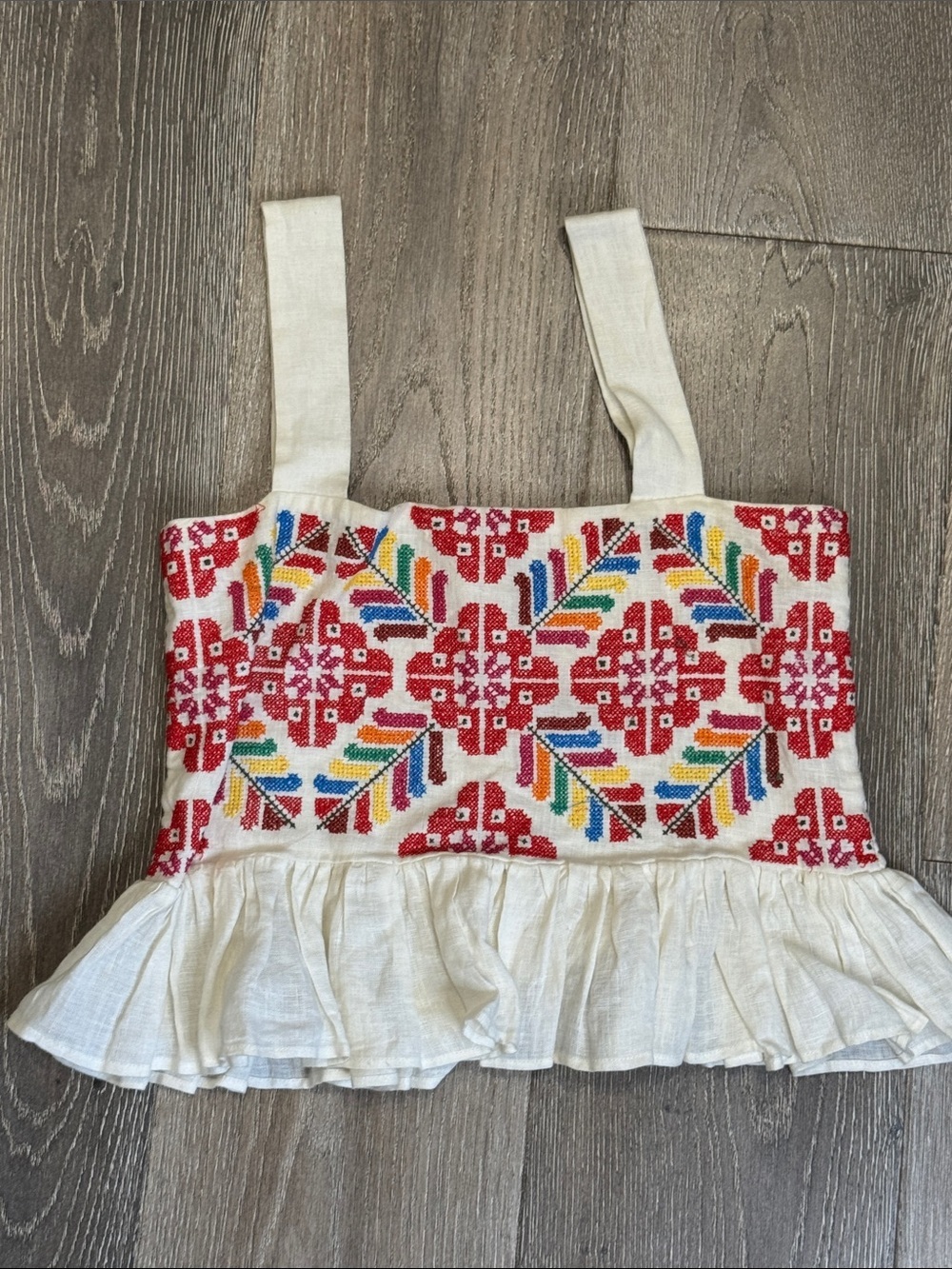 Carolina K White 100% Linen Embroidered Crop Top with Multicolor Folk AZ0815